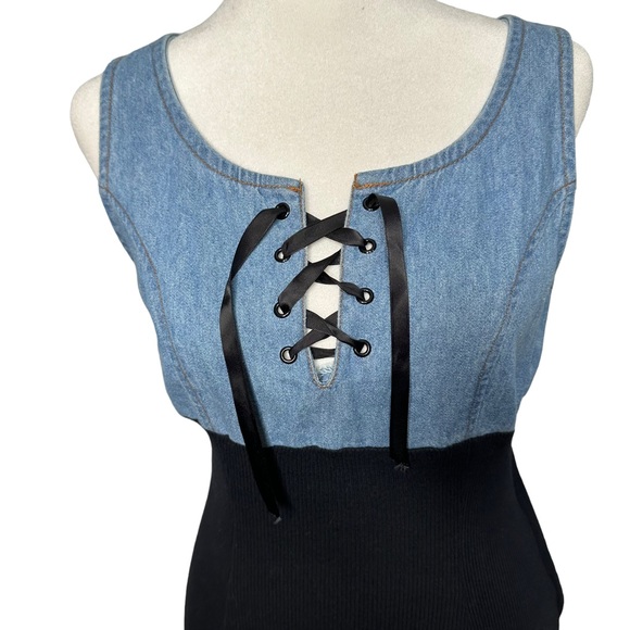 Vintage Jalate 90s Denim Ribbed Cotton Lace Up Dress - Picture 3 of 10